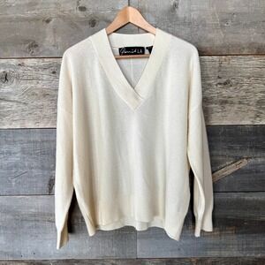 Parrish LA Womens V-Neck 100% Cashmere Sweater M Cream Luxury Old Money Classic
